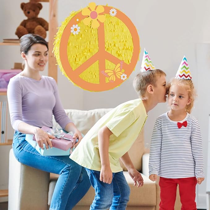 12.9 Inch Groovy Retro Hippie Boho Pinata Hippie Boho Party Favors Peace Sign Two Groovy Pinata 60's 70's Hippie Party Pinata for Hippie Boho Groovy Flower Birthday Baby Shower Wedding