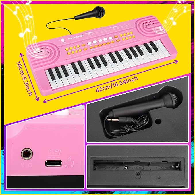 Upgraded Piano Keyboard Kids Toy for 4 Year Old Girl Birthday Gift 37 Key Pink Pianos with Microphone Toddler First Music Instrument Toys for 3 4 5 6 7 Year Old Boys Girls Gifts