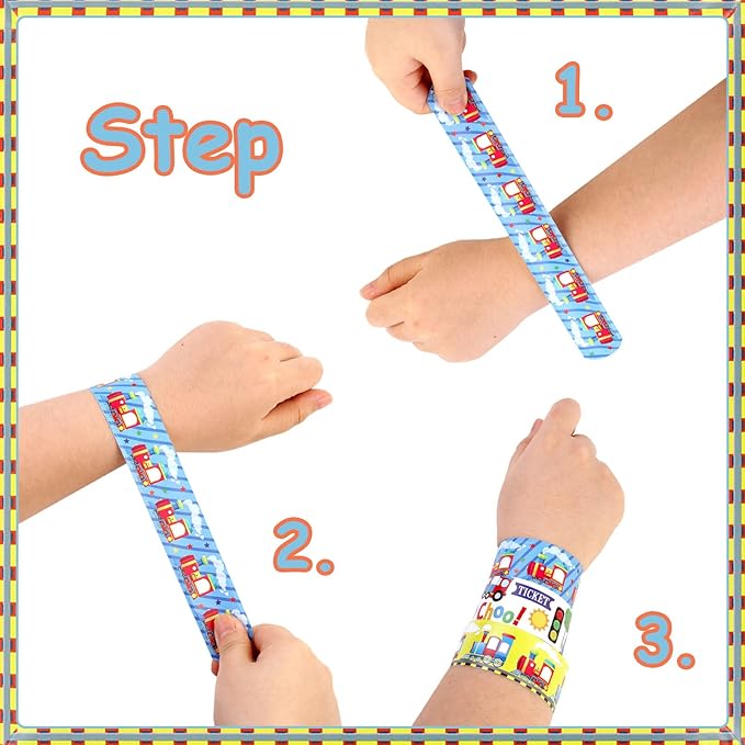 Serencatcher 48Pcs Train Slap Bracelets, Train Party Favors Include Bracelet Wristbands in 12 Styles for Chugga Chugga Choo Choo Train Railroad Transportation Birthday Party Decorations Supplies