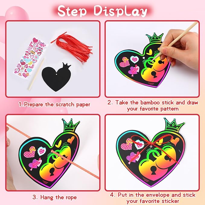 FEBSNOW Valentines Crafts for Kids, 48 PCS Heart Rainbow Magic Scratch Art Valentines Day Cards for Kids Classroom Scratch Paper Art for Valentines Day Gifts Party Favors witn Heart Stickers