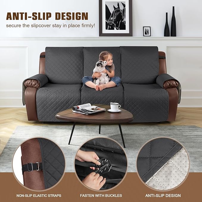 KinCam Waterproof Recliner Sofa Cover, Non-Slip Reclining Couch Covers for 3 Seat, Recliner Couch Cover Furniture Protector with Elastic Straps for Pets, Kids, Charcoal Gray