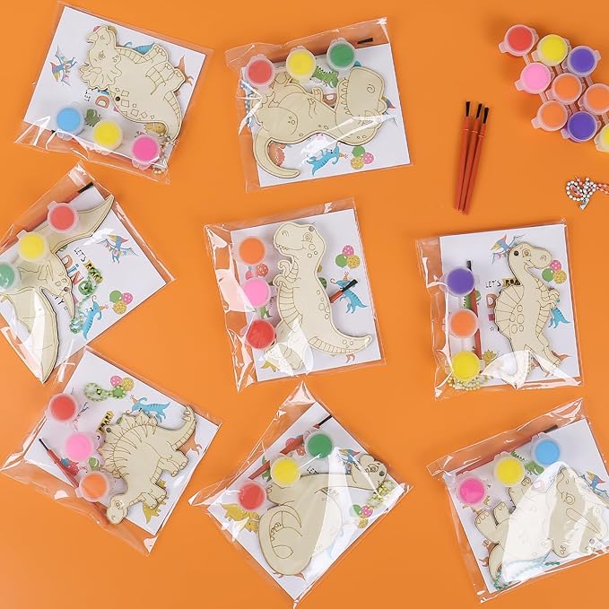 JOTIKO 24 Pack Dinosaur Party Favors Painting Toys Dino Birthday Treat Goodie Bag Stuffers Pinata Fillers Return Gifts Classroom Prizes, Wood Keychain Paint Kits Arts Crafts for Kids Girls Boys