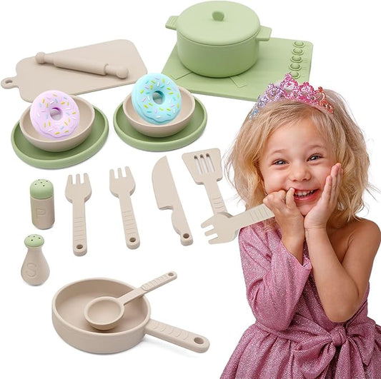 Play Kitchen Accessories, Silicone Pretend Play Kitchen Toys Set, Play Kitchen Pots and Pans Set for Kids, Learning Education Cooking Toys for Girls and Boys(Green)
