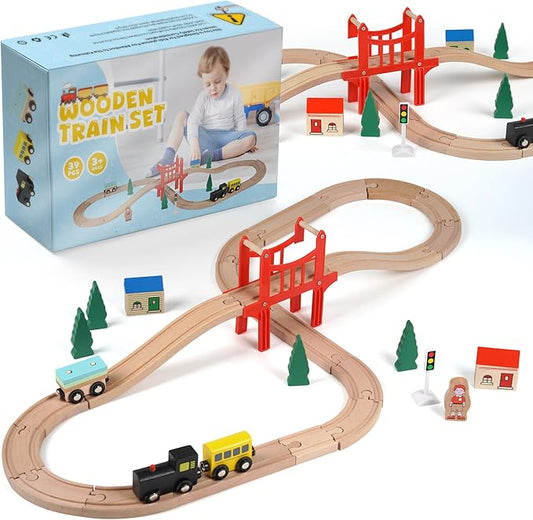 39 Pcs Wooden Train Tracks Set for Toddler, Wooden Toy with Magnetic Trains, Railway Set Christmas Toys, Compatible with All Major Brands for Girls & Boys 3-7 Years Old