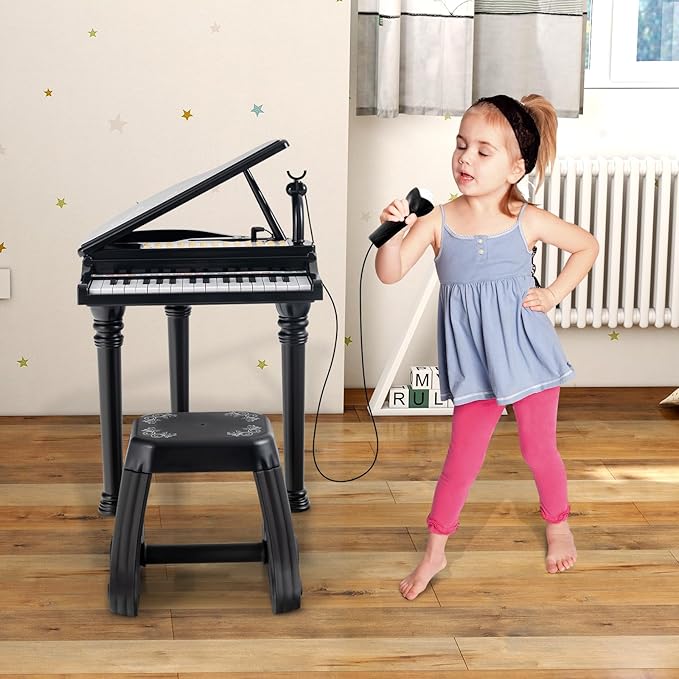 HONEY JOY Classical Kids Piano, 31-Key Toy Mini Grand Piano with Music Stand & Stool, Portable Electronic Educational Musical Instrument Toy w/ Microphone, Lights, Gift for Kids (Black, 31 Keys)