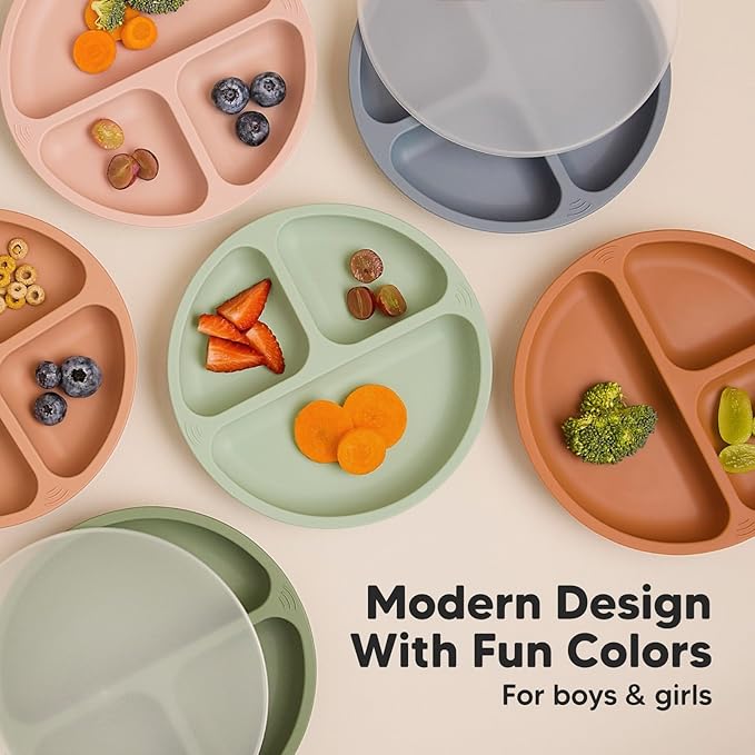 KeaBabies Suction Plates with Lids for Baby - 3-Pack 100% Silicone Suction Plates for Baby, Kids,Toddler Plates,Divided Baby Plates with Suction,Lids, BPA-Free, Microwave, Dishwasher Safe (Mellow)