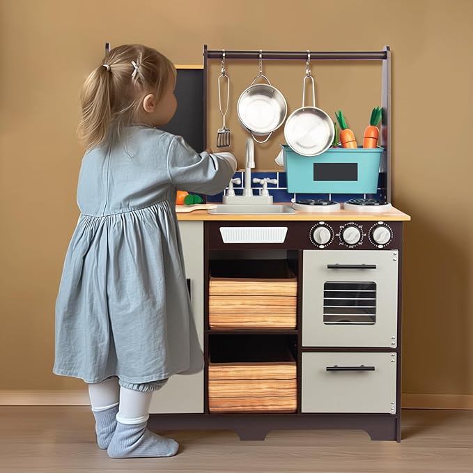 Kitchen Playset for Kids Ages 3-8, Wooden Pretend Play Kitchen with Cooking Accessories and Cutting Play Food, Including Oven, Stove, Faucet, and Sink, Dimensions: 38” H x 29” W x 12” D