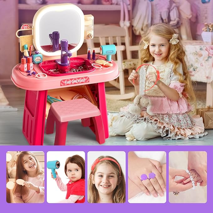 Pretend Play Girls Makeup Table Set with Stool,Kids Vanity Set with LED Lighted Mirror and Music,Toddler Beauty Salon Set with Makeup Accessories & Washbasin,Girls Vanity for Toddlers 3-5 Years Old