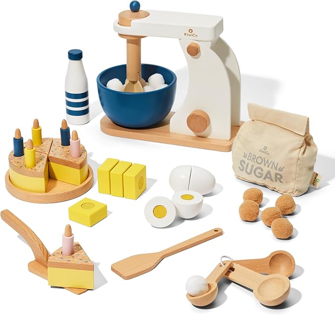 KiwiCo Bake-a-Cake Stand Mixer: Kids Baking Set Ages 3+ | Learn Early Math with Wooden Kitchen Play Set | Includes Cake, Stand Mixer, Measuring Spoons, Flour, Sugar, Play Mat, and Recipe Cards