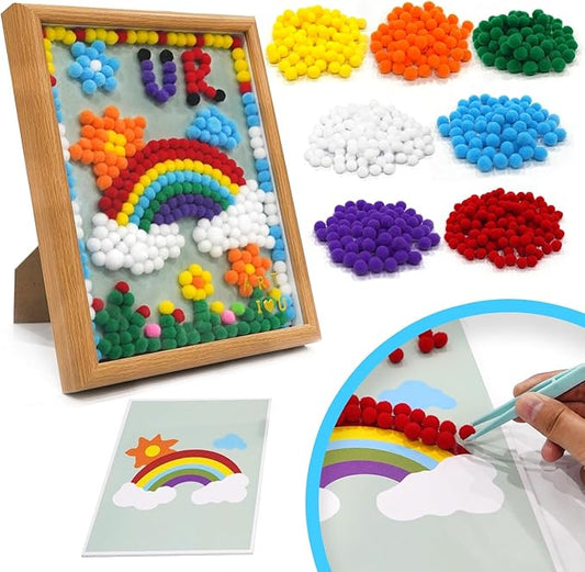 URSDIART Rainbow Pom Poms Craft Supplies, Pom Poms Art Craft Kits for Ages 8-12,6-9,15 Years+, DIY Pom Pom Painting Art Kit,Classroom Easy Crafts for Tweens, Adults,Seniors Creative Projects
