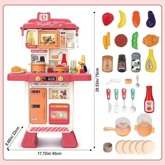 deAO Kids Kitchen Playset 35PCS Play Kitchen Toys Accessories with Sounds Lights,Cooking Stove Steam,Pretend Play for Toddler Aged 3 4 5 6 7 8 Years (Pink)