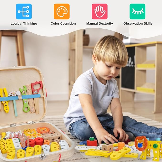 Wooden Animal Tool Box for Kids, Contains Stickers, Screws, Assembly Tools, Animal Building Blocks, Children's Montessori Building Block Assembly Toy, Ideal Gift for Boys and Girls 3,4,5,6