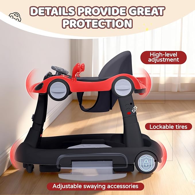 Baby Walker with Wheels, 5-in-1 Foldable Infant Toddler Walker for Boys Girls 6-18 Month, Music Walker for Baby with Car Steering Wheel &Removable Footrest,Baby Push Walker in Red and Black