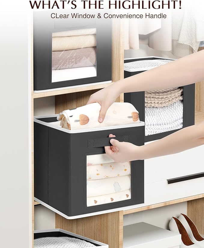 Homsorout Foldable Storage Cubes - Square Organizer with Window, Decorative Baskets for Organizing, Fabric shelf Basket for Clothes, 11 Inch Closet Storage Cubes, Set of 16, Black