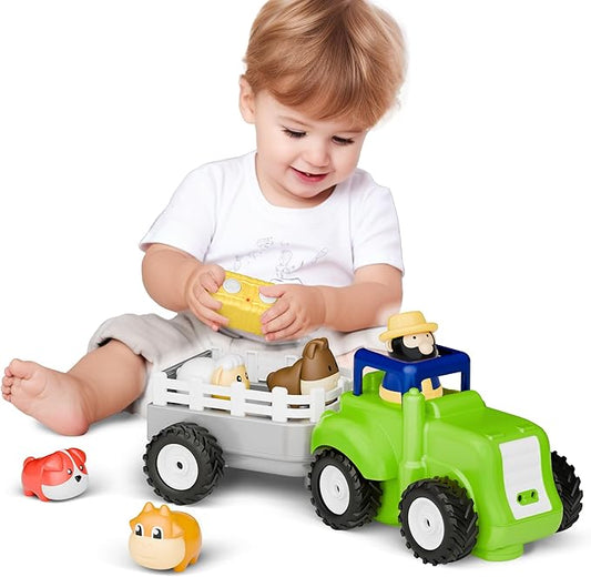 iPlay, iLearn Toddler Remote Control Farm Tractor Toy, Baby RC Trailer Truck Set, Music Pretend Farmer Animals Vehicle Playset W/Sound, Birthday Gifts for 18 24 Month 2 3 4 Year Old Kids Boys Girls