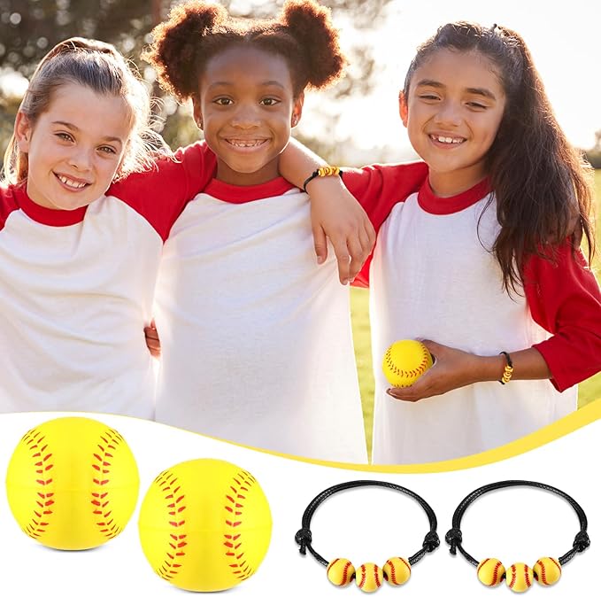 Nuogo 48 Pcs Softball Party Favors Softball Gifts for Girls Include 12 Pcs Softball Goodie Bags 12 Pcs Softball Keychain 12 Pcs Softball Bracelets and 12 Pcs Softball Stress Balls for Sport Party