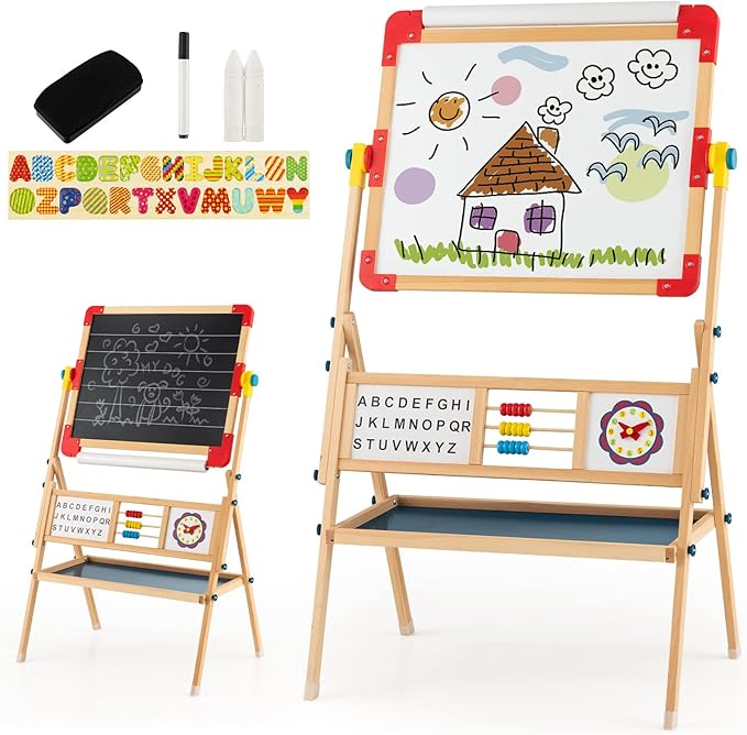 HONEY JOY Easel for Kids, Rotatable Double-Sided Wooden Toddler Easel w/Magnetic Chalkboard & White Board, Paper Roll, Painting Accessories, Dry Erase Board, Art Easel for Boys Girls