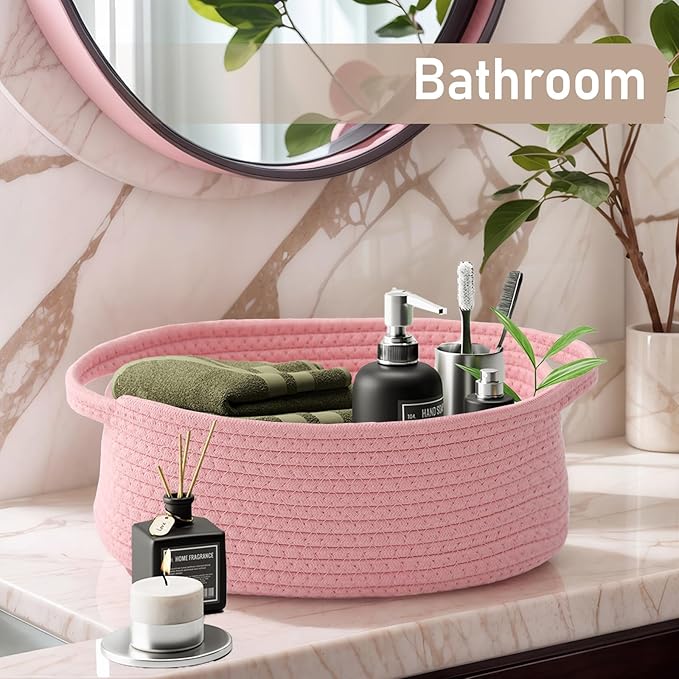 JMvicyroam Woven Basket,Small Rope Storage Bin with Handles & Ribbon Bag, Organizer for Shelves Closets,Gift Basket Empty for Birthday,Books,Dog Toys, Pink/3 Pack