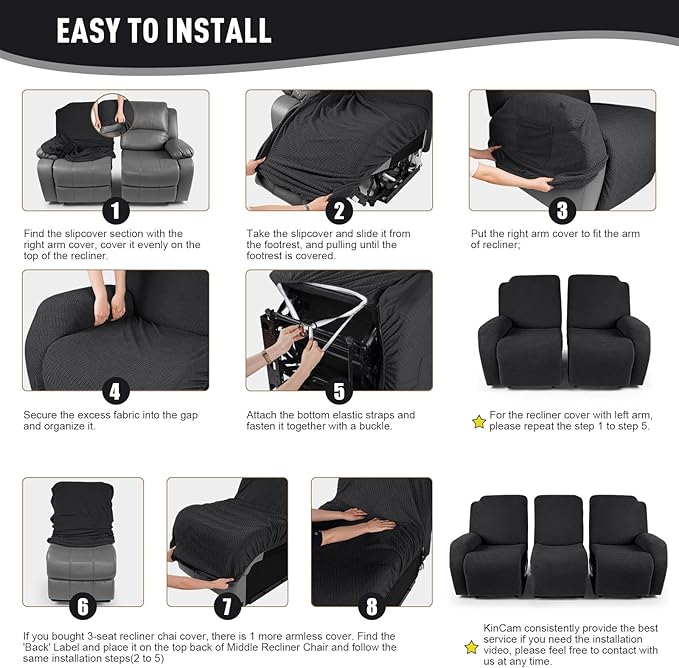 KinCam Recliner Covers, Stretch Reclining Chair Covers, Recliner Sofa Slipcovers Stripe Jacquard Recliner Couch Covers Furniture Protector Covers for Pet Kid (3 Seater, Black)