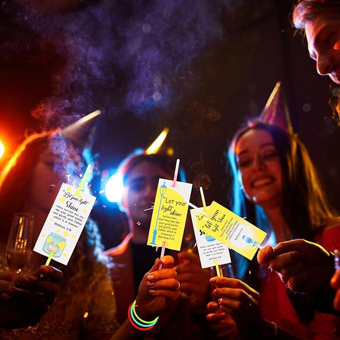 LiYiQ 50 Packs Christian Gifts Cards with 100 Glow Sticks Let Your Light Shine Cards with Glow Sticks Religious Bible Verse Cards for VBS Sunday School Supplies (Christian)