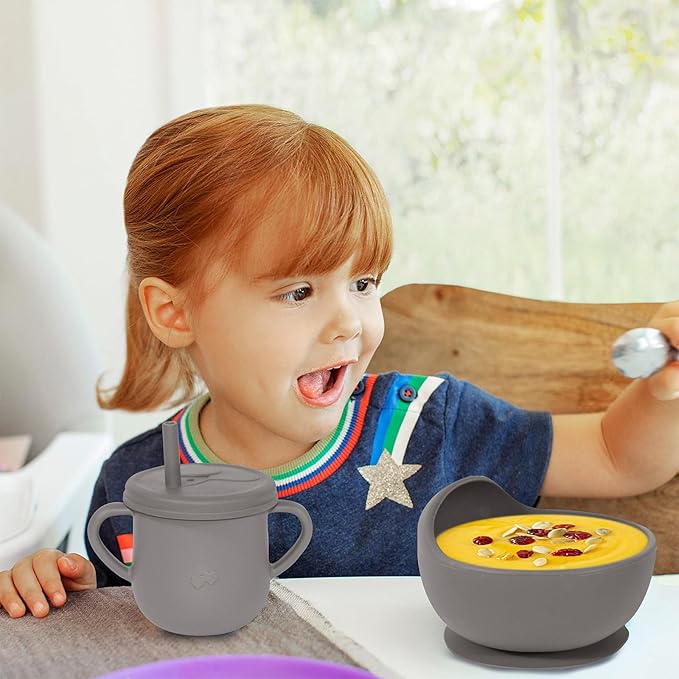 100% Silicone baby feeding set,BPA free Baby dishes set with Suction Bowl Divided Plate,Toddler Self Feeding Dish Set with Spoons Forks Sippy Cup And Bib, Baby Eating Utensils (Light Brown)