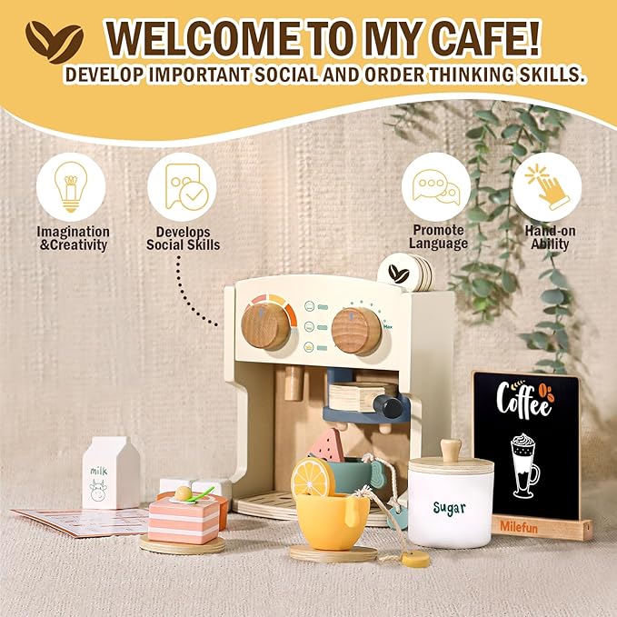 Kids Coffee Maker Kitchen Playset Wooden Kitchen Toys for Kids - 22PCS Toy Coffee Maker for Boys & Girls Learn and Serve Coffee Cafe Pretend Play Kids Espresso Coffee Shop Playset Toys