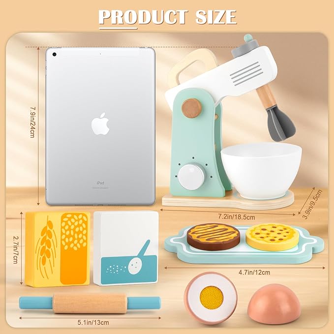 Play Kitchen Accessories, Wooden Toy Mixer, Wooden Kitchen Accessories for Kids, Pretend Play for Toddlers 3-5