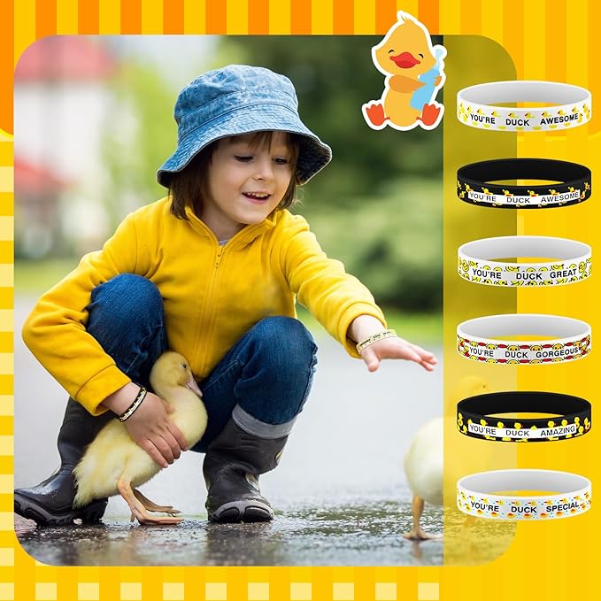 Poen 120 Pcs Yellow Duck Silicone Bracelets Bulk White and Black Duck Wristband Duck Party Favors Duck Rubber Wristband for Summer Christmas Birthday Duck Party decoration Supplies