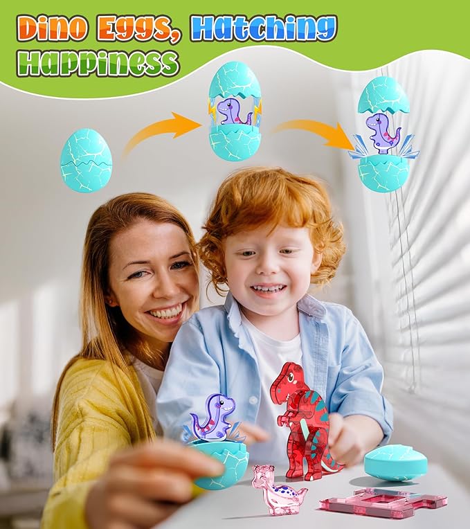 105 Pcs Dinosaur Egg Magnetic Tiles Set - 2 Eggs, 2 Baby Dinos & 5 Large Dinosaurs Toys for Kids 3-5, Magnet Building Blocks for Toddlers 1-3 & Kids Ages 4-8