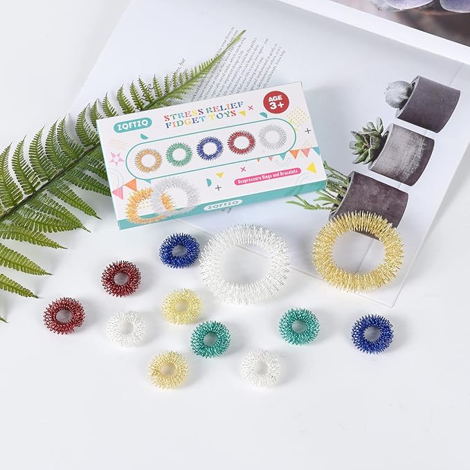 Spiky Sensory Finger Acupressure Rings - ADHD Silent Fidget Toys Pack, Bracelets Finger Set, Stress Relief Rings, Message Anxiety Ring, Quiet Fidget ADHD Tools for Kids Adults Stress Reducer