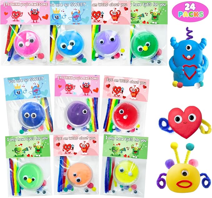 DEKWELL 24 Packs Valentines Day Cards for Kids Classroom with DIY Air Dry Clay Kit,Valentines Day Gifts for Kids School Valentine Exchange Presents Party Favors