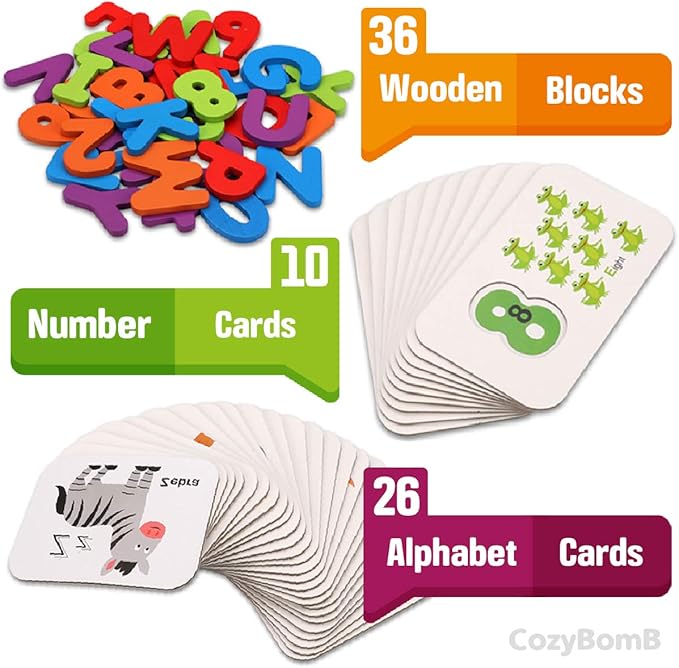 CozyBomB™ Toddler Alphabet Flash Cards - Preschool Activities Learning Montessori Toys ABC Wooden Letters Jigsaw Numbers Alphabets Puzzles Flashcards for Age 2 3 4 Years Old Educational for Kids Baby