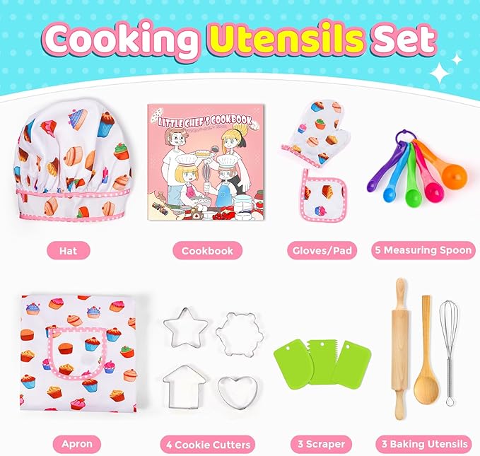 Toyze Birthday Gifts for 3-8 Year Old Girls Cute Stuff Apron for Girls Kids Cooking Sets Toddler Toys Kids Chef Hat and Apron Easter Christmas Stocking Stuffers White-with Cookbook