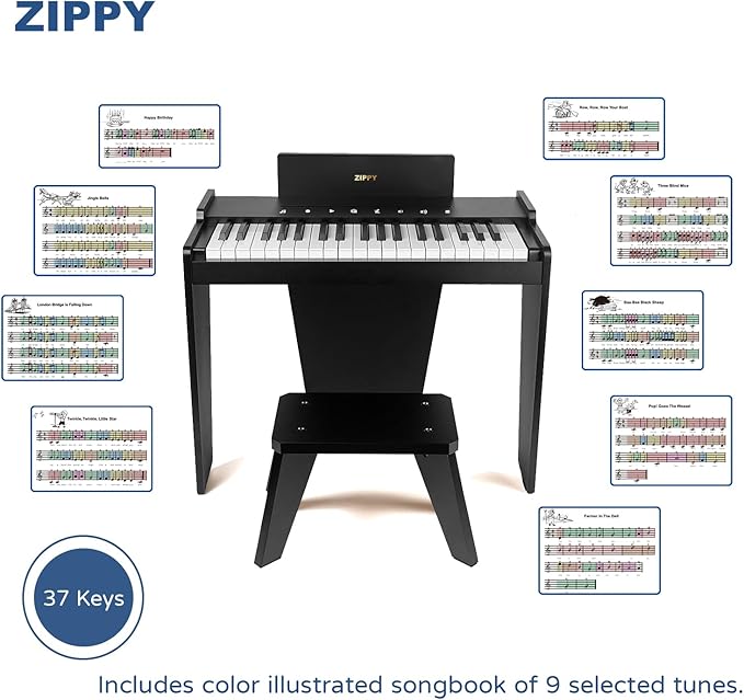 ZIPPY Kids Piano Keyboard, 37 Keys Digital Piano for Kids, Touch Sensitive Control Panel, Built-in Songs, Volume Adjustable, Music Educational Instrument, Wood Piano for 3+ Girls and Boys, Black Plus