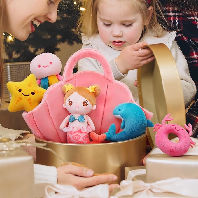 OUOZZZ Soft Baby Doll for Girls Mermaid Toys - 2 Years Old Sensory Toy - Little Dolls Birthday Gifts Age 1-3 Toddler Plush Stuffed Animal with Squeaker, Crinkle and Bell Ringing Toy Set