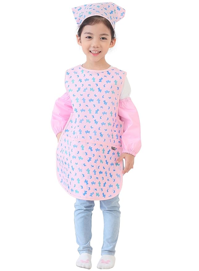 Children Waterproof Artist Painting Aprons or Art Smock 3PCS Set Pink Puppy (22-M)