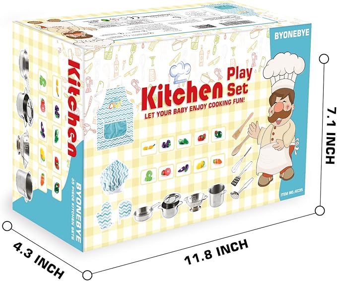 35 Pcs Kitchen Pretend Play Accessories Toys,Cooking Set with Stainless Steel Cookware Pots and Pans Set,Cooking Utensils,Apron,Chef Hat,and Cutting Play Food for Kids,Educational Learning Tool