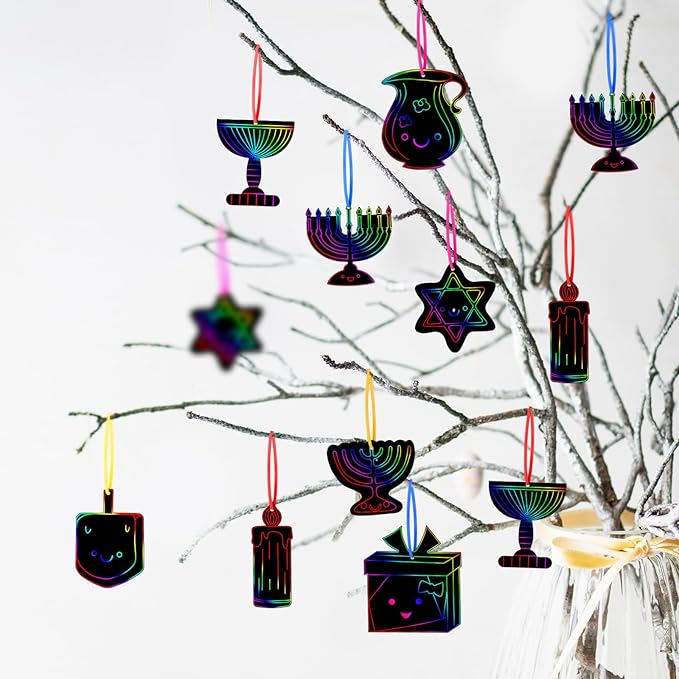 Qilery 64 Pcs Chanukah DIY Scratch Cards Set Hanukkah Party Supplies Favor Rainbow Color with Wooden Styluses Hanukkah Craft Kit for Kid Birthday DIY Art Hanukkah Themed Party Classroom Decor