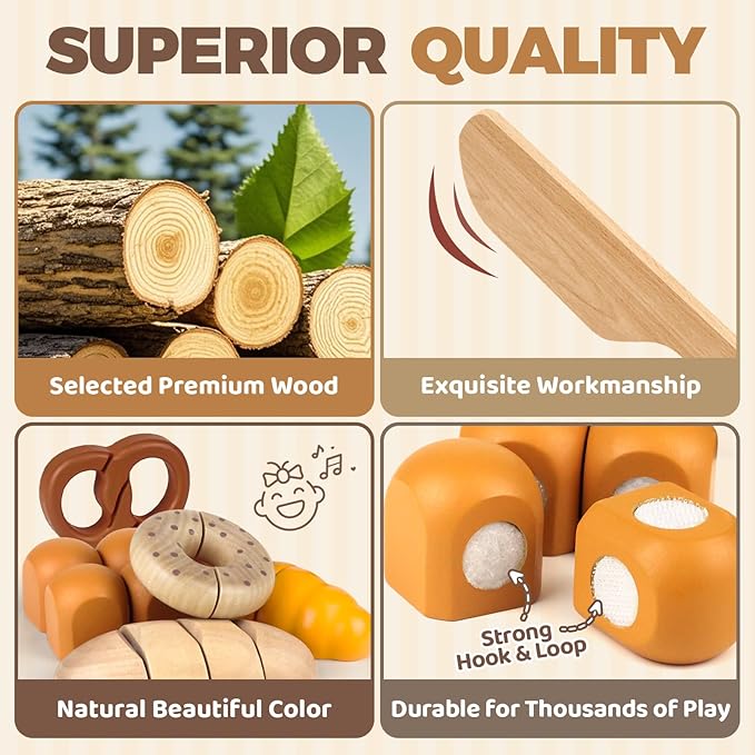 Wooden Play Food Bakery Toy Sets for Kids Kitchen Grocery Pretend Food Accessories Playsets for Kids Ages 4-8 Birthday Gift for Boys Girls Educational Toys