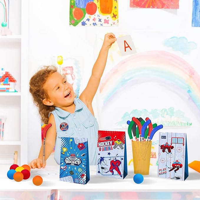 113 PCS Hockey Party Favors Set ,41 Hockey Stickers, 12 Goodie Bags,12 Button Badges,12 Slap Bracelets, 12 Balls, 12 Pencils, 12 Keychains for Ice Hockey Sports Party Birthday Gift Supplies