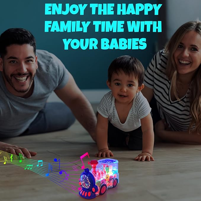 Transparent Train Toy - Fun and Interactive Electric Train Toy for Kids - Music Train with LED Light up - Colorful Moving Gears -Tummy Time Crawling Baby Toys for Boys Girls
