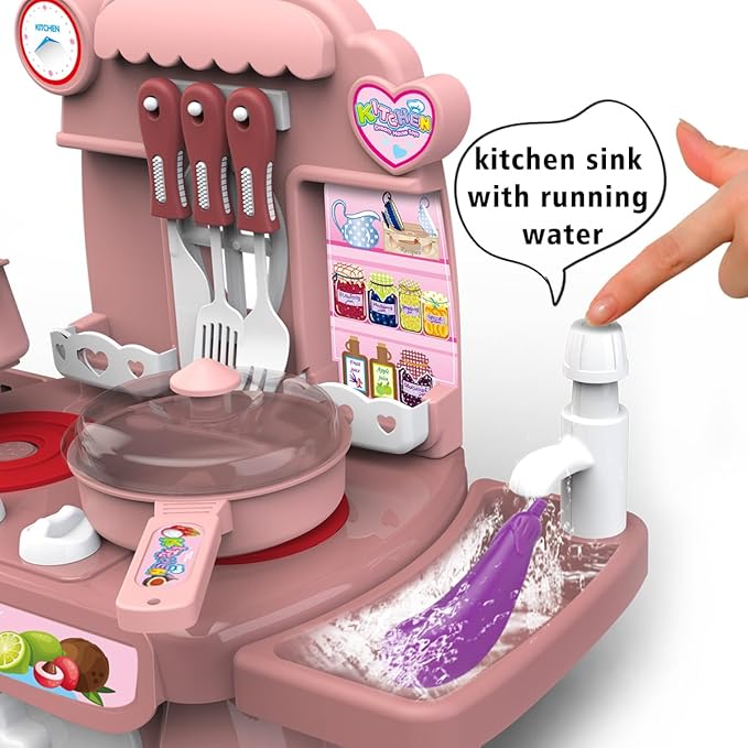 Kitchen Toys Imitated Chef Light Music Pretend Cooking Food Set,Children Girl Toy Gift Toy Kitchen Sink with Running Water and Electronic Induction Stove (red Kitchen Set) (Blue Kitchen Set)