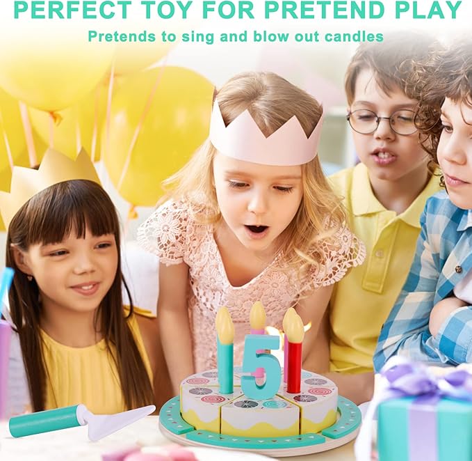 Birthday Cake Cutting Toys, Wooden Play Food Set for Kids Toddlers, Pretend Play Kitchen Toys for Boys Girls