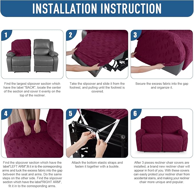 TAOCOCO Recliner Loveseat Cover, Stretch Jacquard Reclining Loveseat Cover Furniture Protector Sofa Slipcovers 2 Seat Recliner Covers with Elastic Bottom for Kids, Pets (Burgundy)