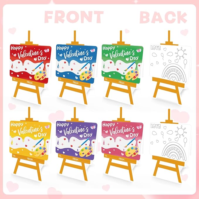 GOAUS Valentines Day Gifts for Kids, 24 Pack Easel-Shaped Valentines Cards with Watercolor Paint Sets for School Boys Girls Classroom Preschool Party Favors Class Prizes