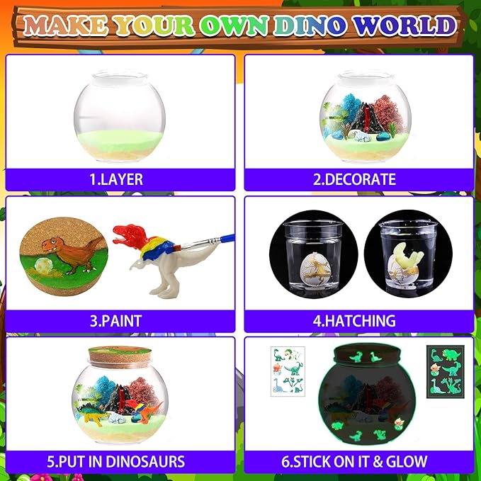 THINKKIE Dinosaur Light-Up Terrarium Kit for Kids- Christmas Birthday Gift for Boys Ages 4 5 6 7 8-12 Year Old- Dinosaur Painting Crafts Kits - Dinosaur Arts and Crafts for Kids