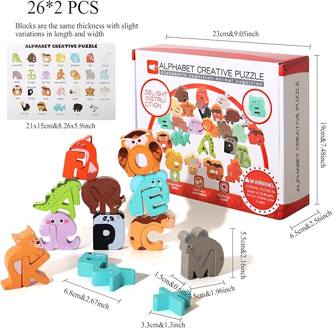 BESTAMTOY 52 Pieces Matching Game, Wooden Alphabet Animal Puzzles for Toddlers, ABC Peg Puzzles for Kids Ages 3-5, Preschool Learning Activities Toys