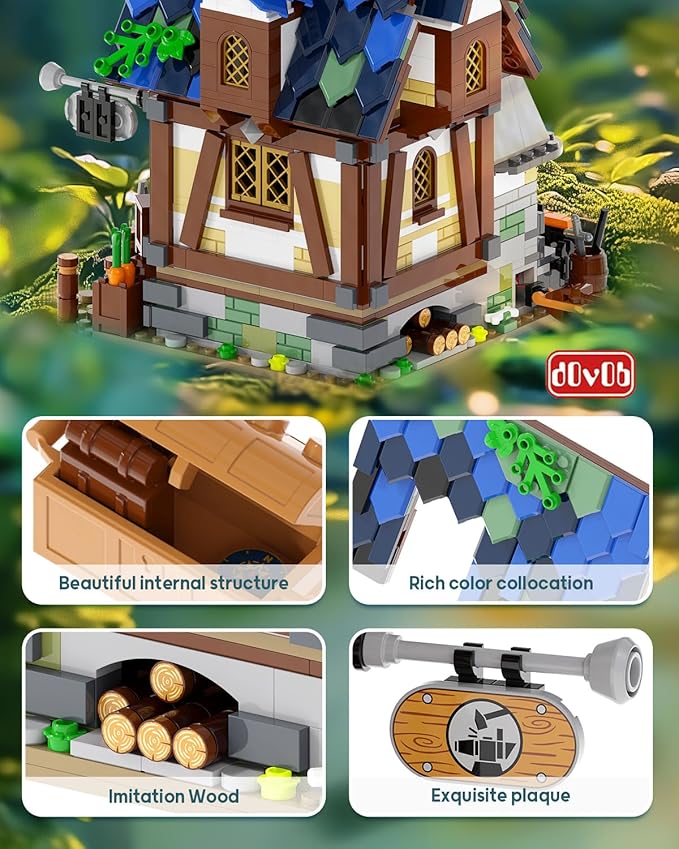 dOvOb Architecture Medieval Smithy Building Blocks Set with LED Light Bricks - 1200+PCS Construction Model for Adults and Kids