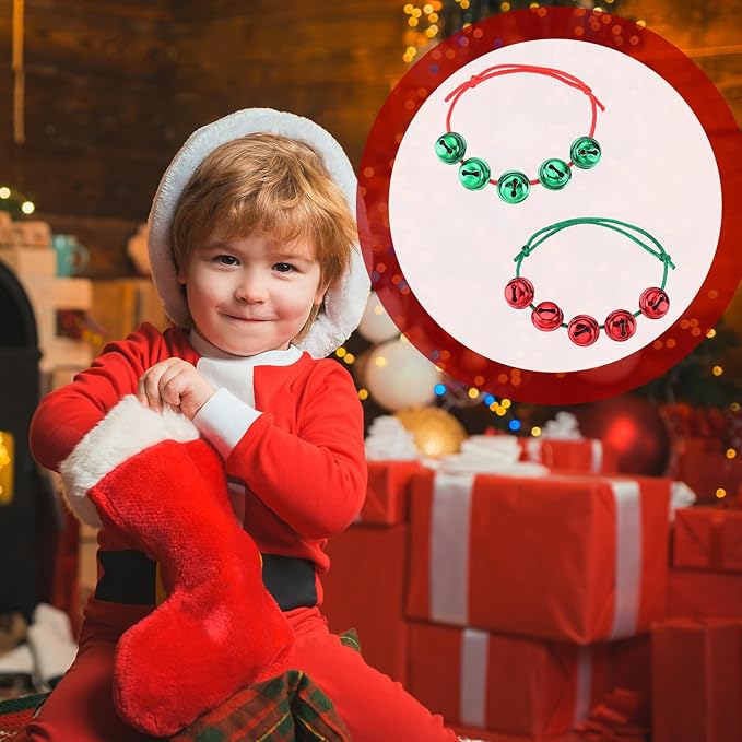 Liliful 40 Pcs Christmas Bell Bracelets Bulk Red and Green Holiday Adjustable Bracelets for Kids Adults Stocking Stuffers Goodie Bag Fillers Xmas Party
