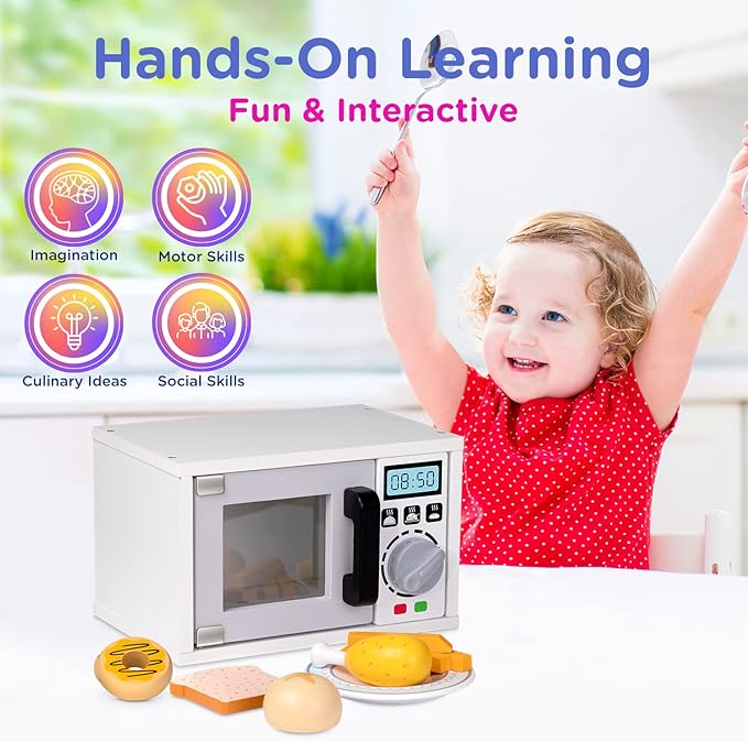 Play Brainy Pretend Toy Microwave for Kids with Rotating Turnable, 11 Pc. Set, Fun and Interactive Wooden Early Learning Kitchen Accessories Playset for Girls and Boys 3+
